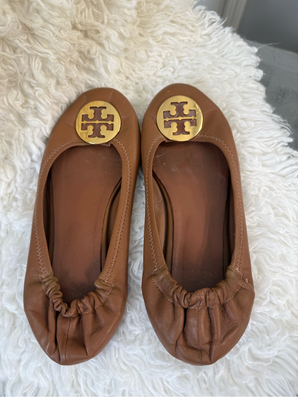 Tory Burch Brown Leather Logo Ballet Flats with Gold Medallion